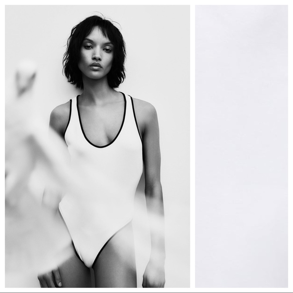 Zara White Asymmetric Bodysuit with Trim Detail. Size M.